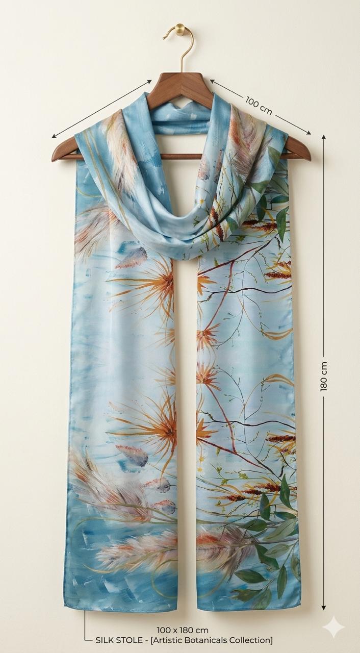 Luxury Botanical Silk Scarf 70x180 cm | Meadow Print Silk Wrap