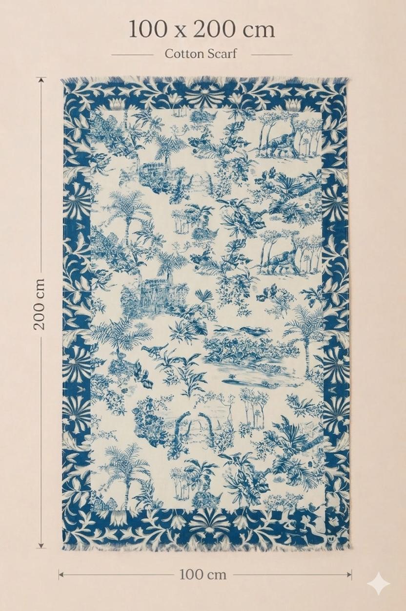 Blue Toile Cotton Scarf 100 x 200 cm | Oversized Botanical Lightweight Wrap