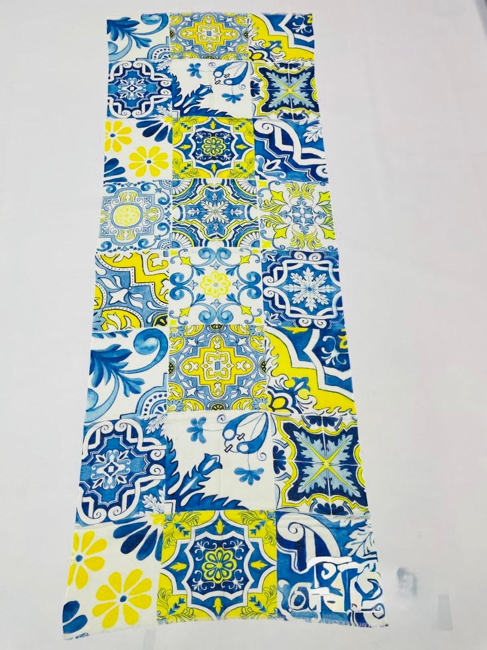 Blue Mediterranean Tile Cotton Scarf 100 x 200 cm | Oversized Lightweight Wrap
