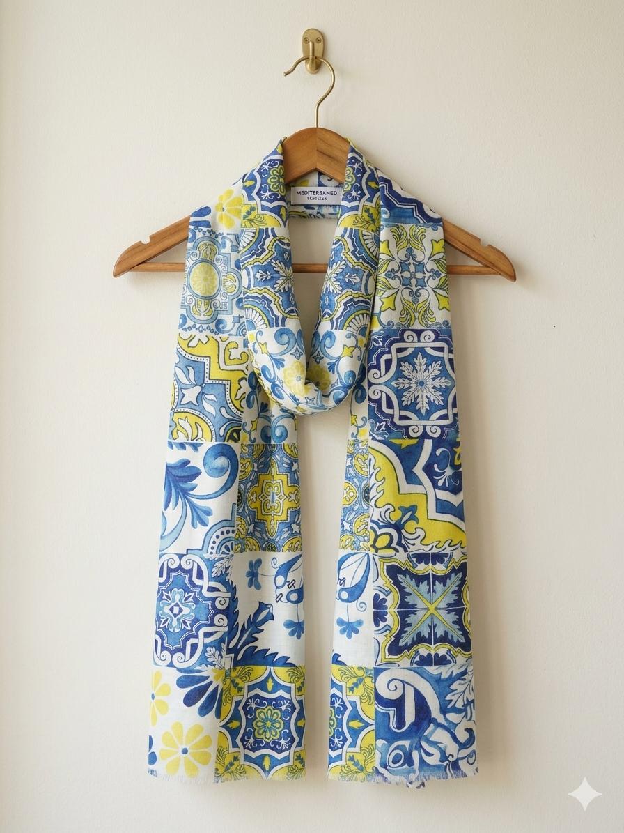 Blue Mediterranean Tile Cotton Scarf 100 x 200 cm | Oversized Lightweight Wrap