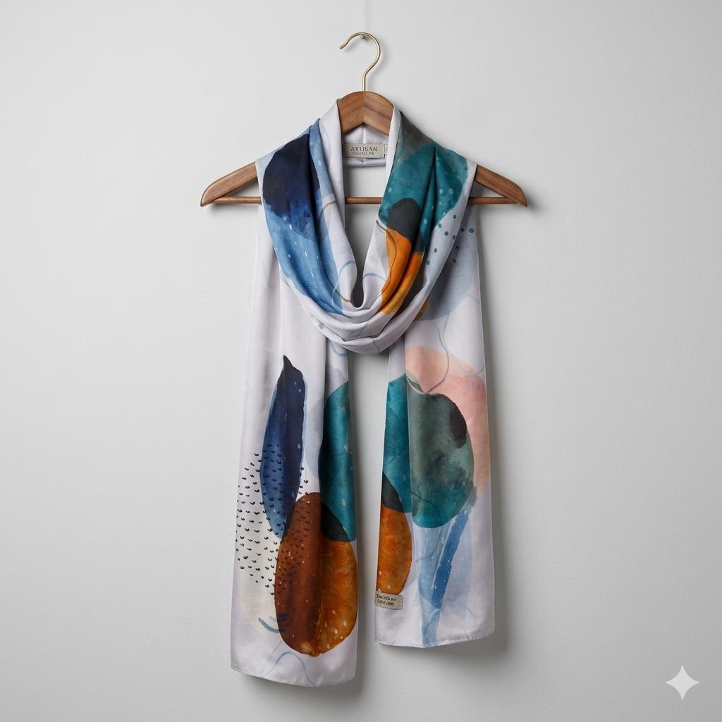 Luxury Abstract Silk Scarf 70x180 cm | Modern Art Silk Wrap