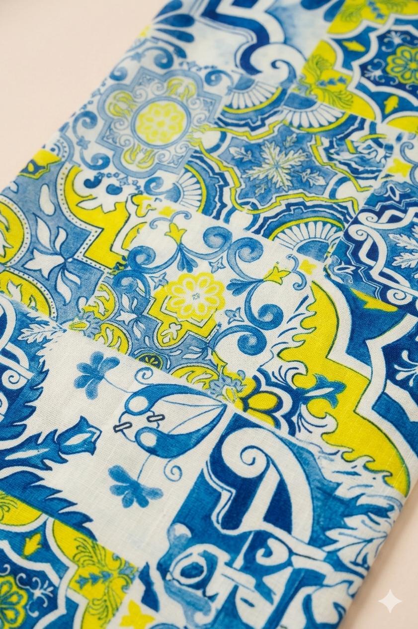 Blue Mediterranean Tile Cotton Scarf 100 x 200 cm | Oversized Lightweight Wrap