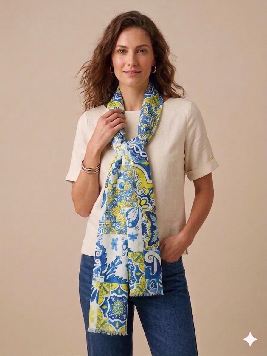 Blue Mediterranean Tile Cotton Scarf 100 x 200 cm | Oversized Lightweight Wrap