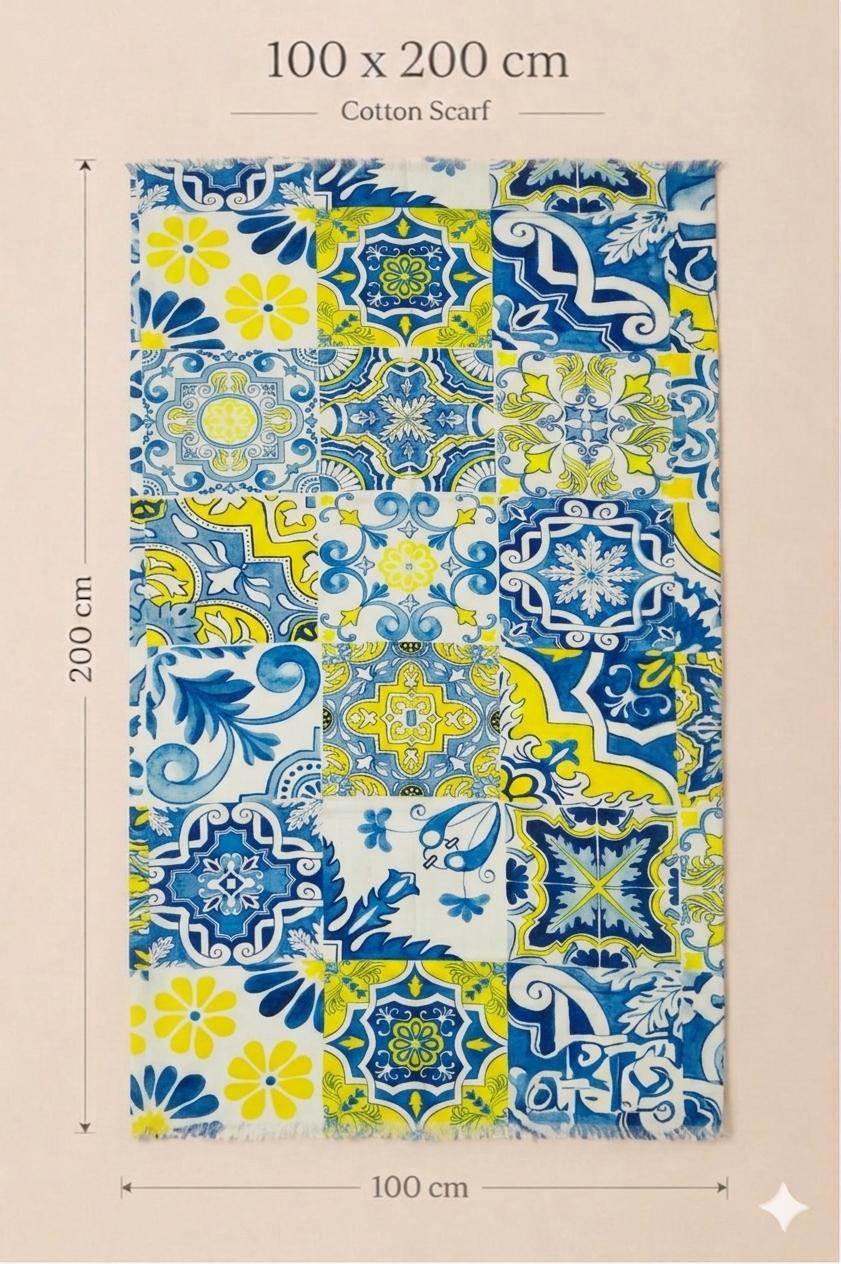 Blue Mediterranean Tile Cotton Scarf 100 x 200 cm | Oversized Lightweight Wrap