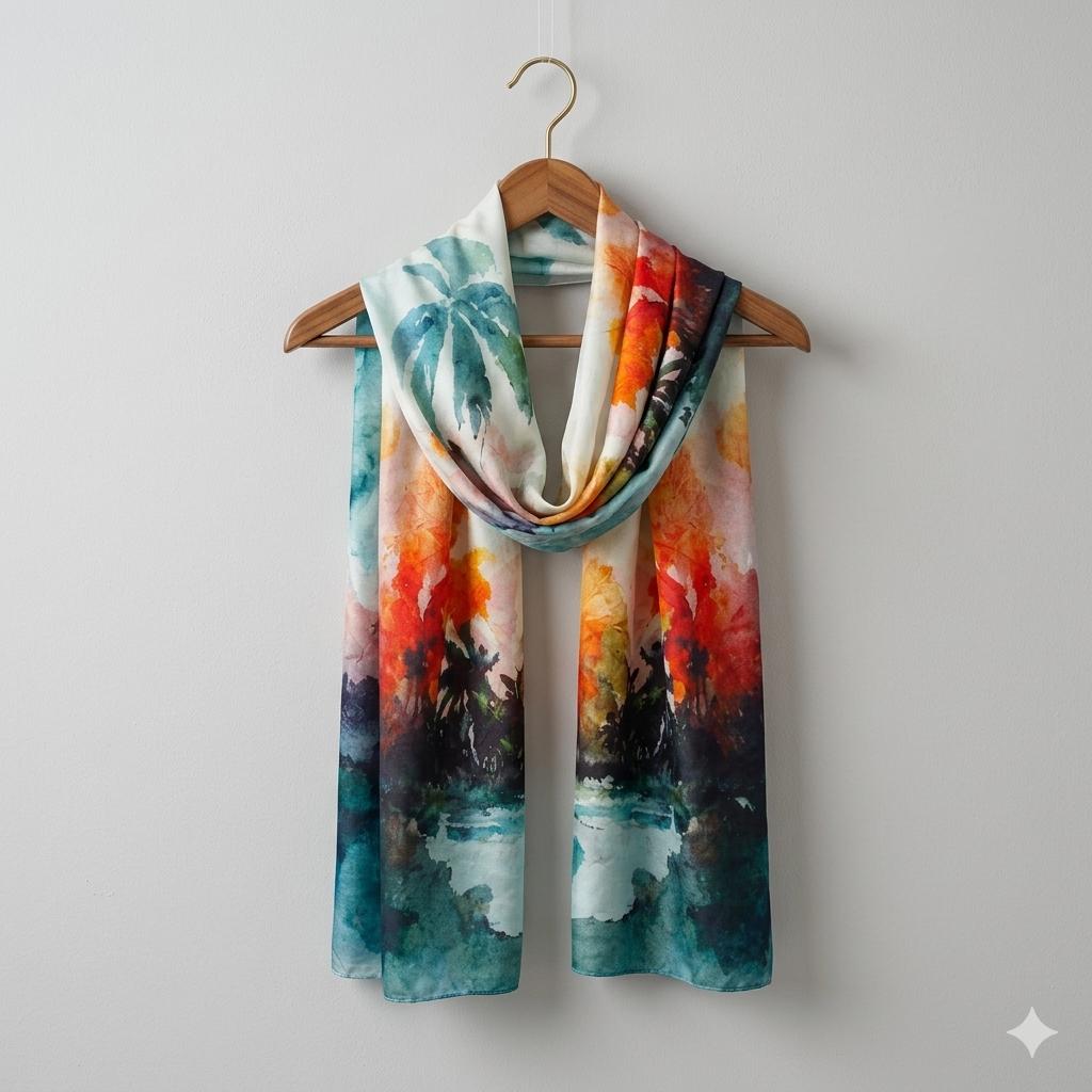 Luxury Tropical Silk Scarf 70x180 cm | Coastal Watercolor Silk Wrap