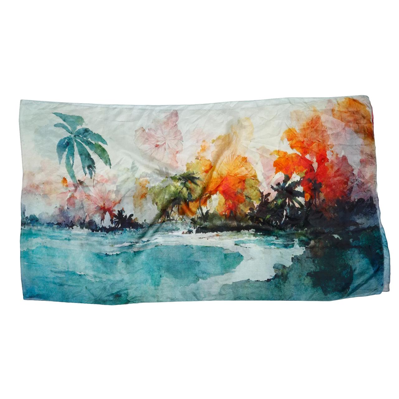 Luxury Tropical Silk Scarf 70x180 cm | Coastal Watercolor Silk Wrap