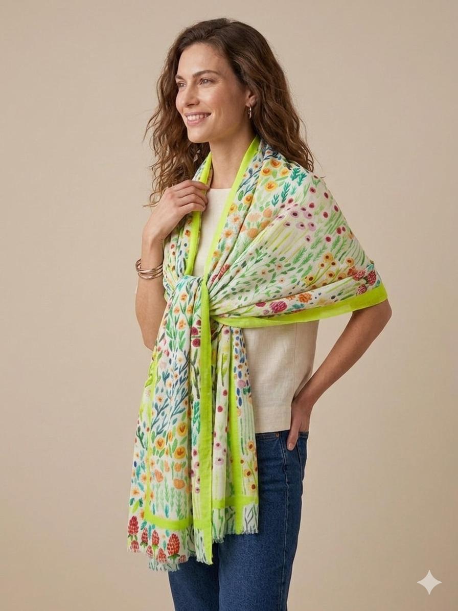 Wildflower Garden Cotton Scarf 100 x 200 cm | Oversized Botanical Lightweight Wrap