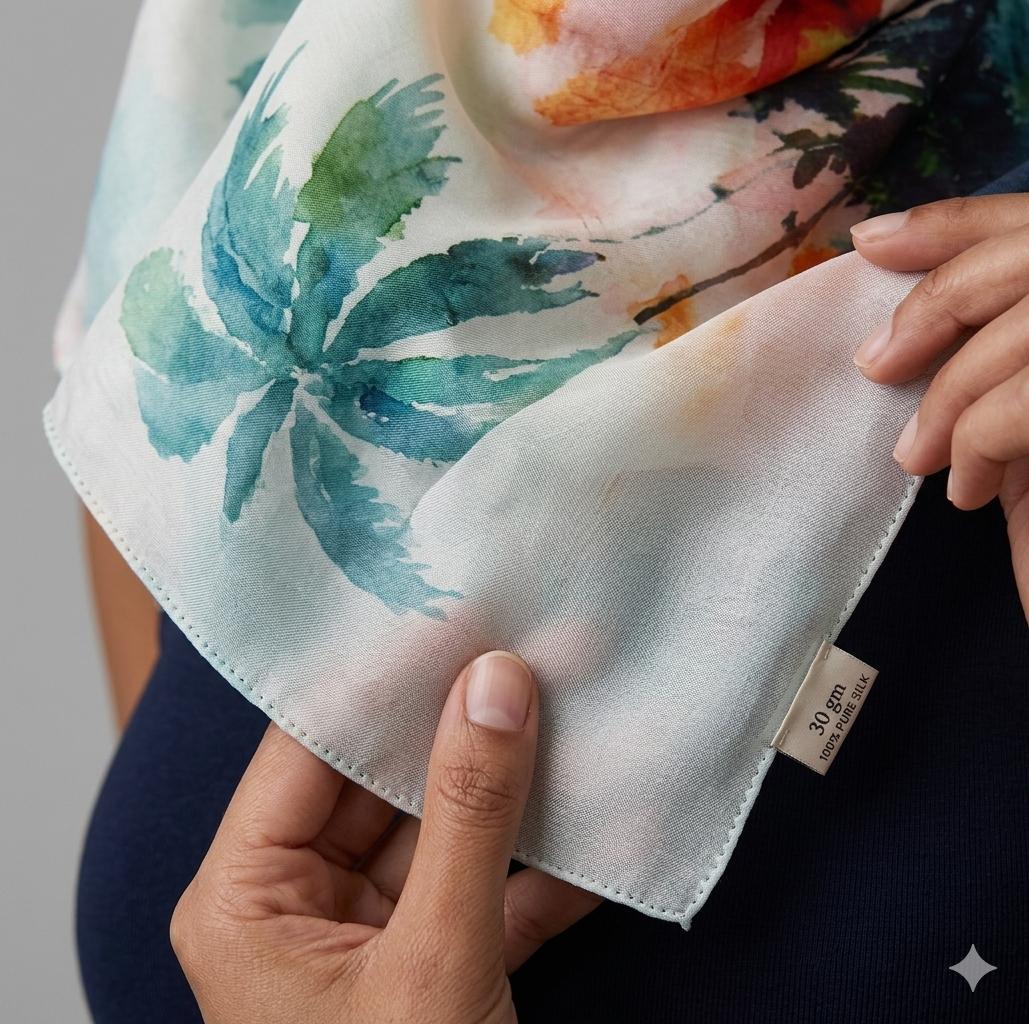 Luxury Tropical Silk Scarf 70x180 cm | Coastal Watercolor Silk Wrap