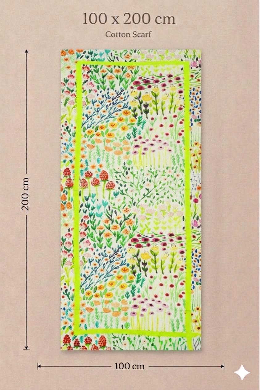 Wildflower Garden Cotton Scarf 100 x 200 cm | Oversized Botanical Lightweight Wrap