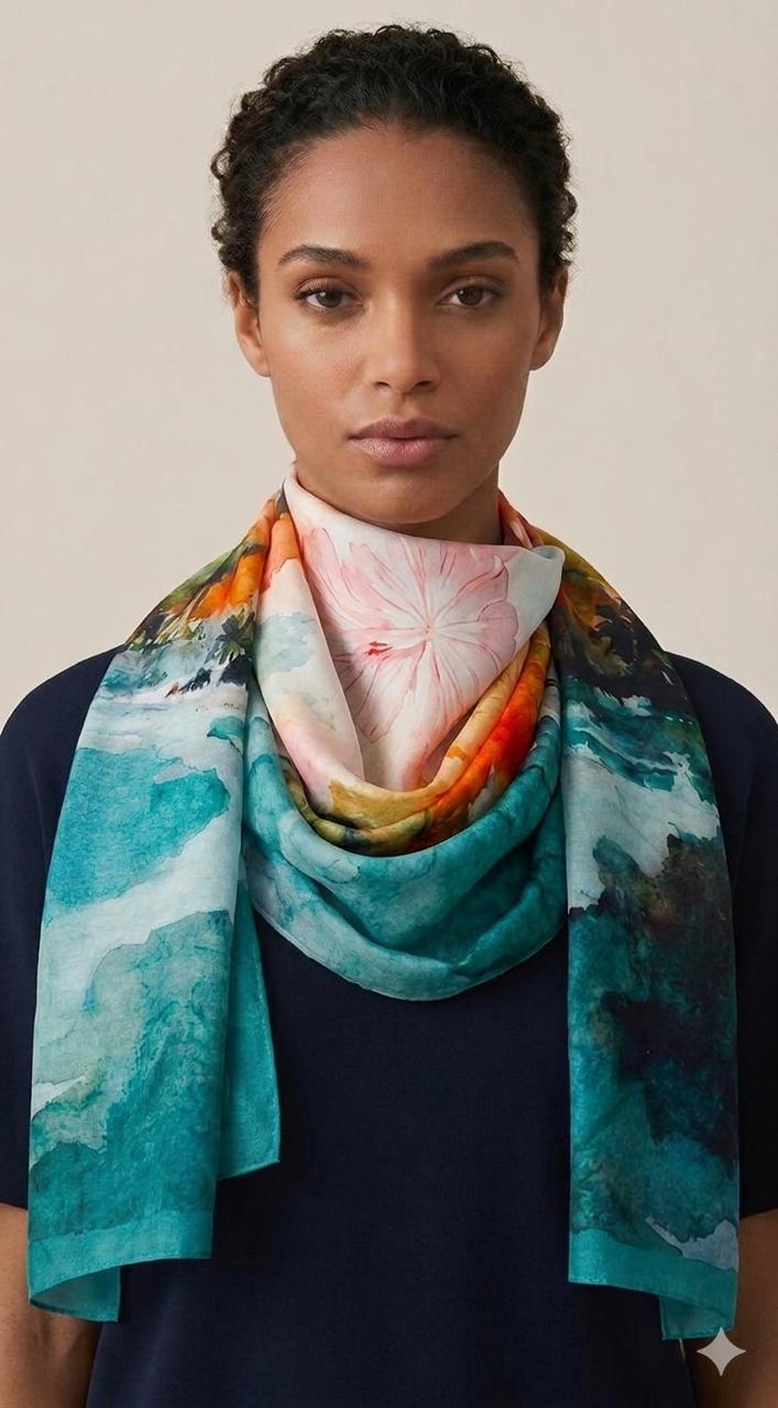 Luxury Tropical Silk Scarf 70x180 cm | Coastal Watercolor Silk Wrap