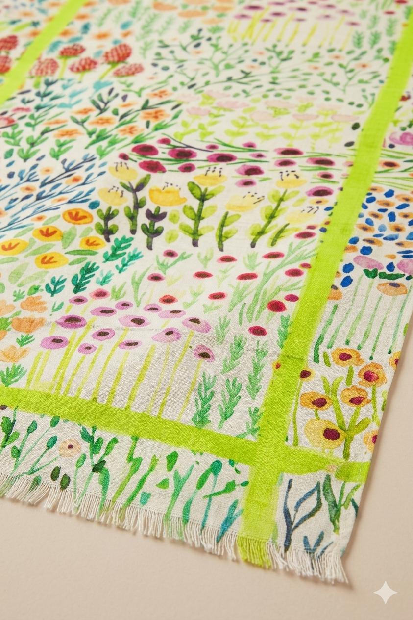 Wildflower Garden Cotton Scarf 100 x 200 cm | Oversized Botanical Lightweight Wrap