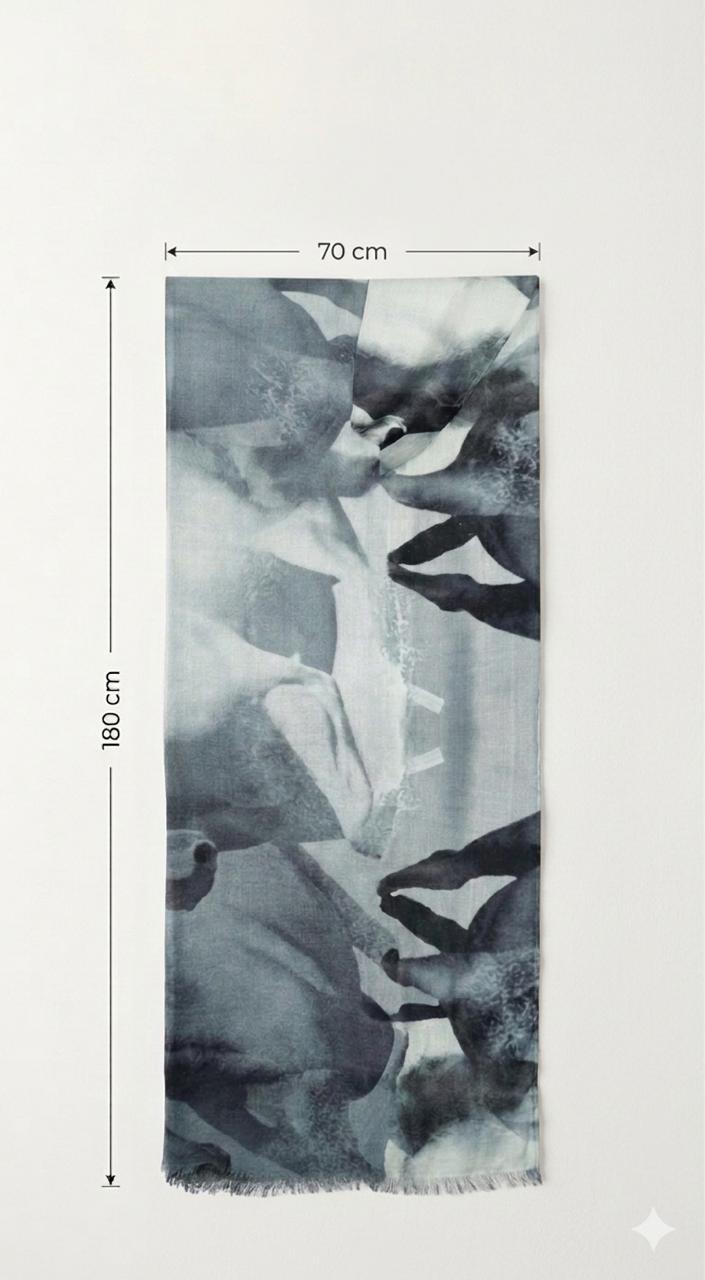 Luxury Monochrome Silk Scarf 70x180 cm | Grey Floral Silk Wrap