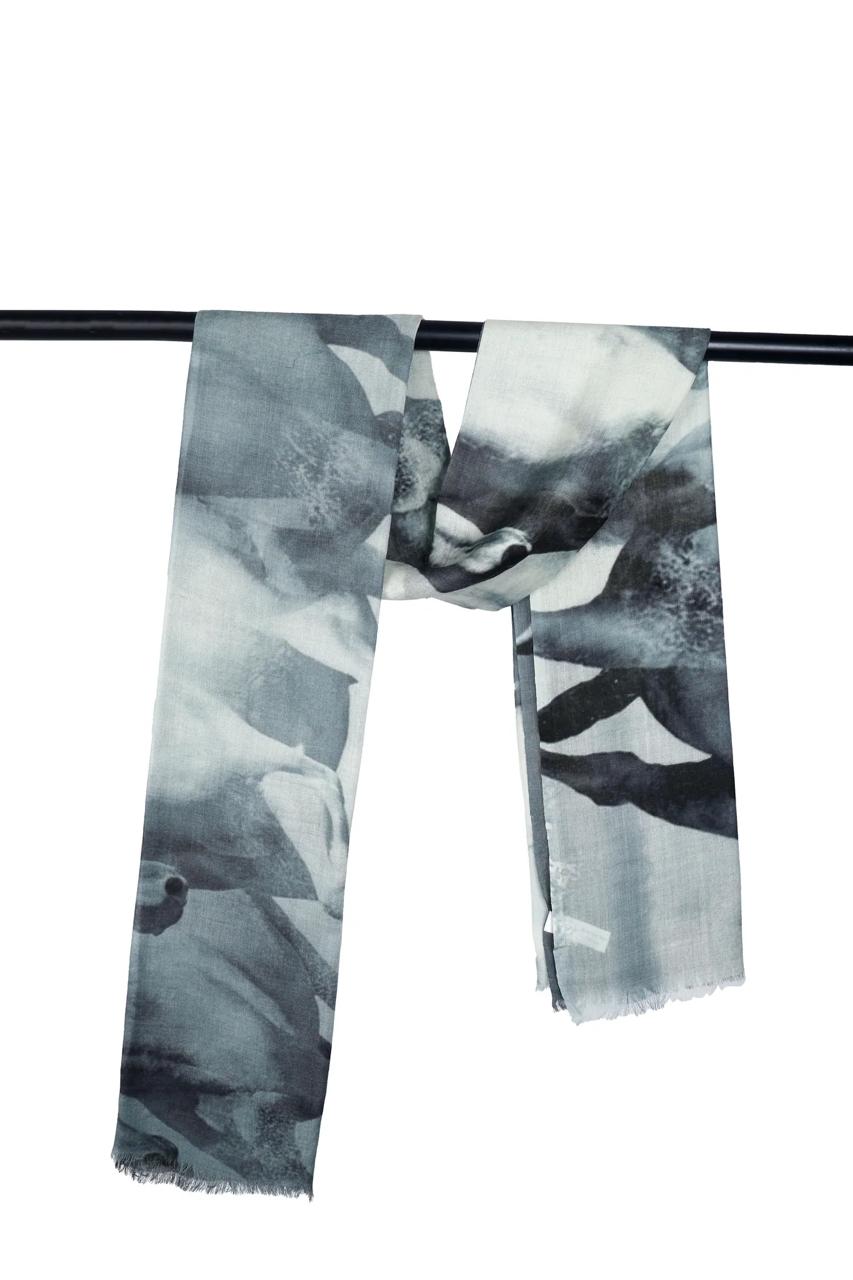 Luxury Monochrome Silk Scarf 70x180 cm | Grey Floral Silk Wrap