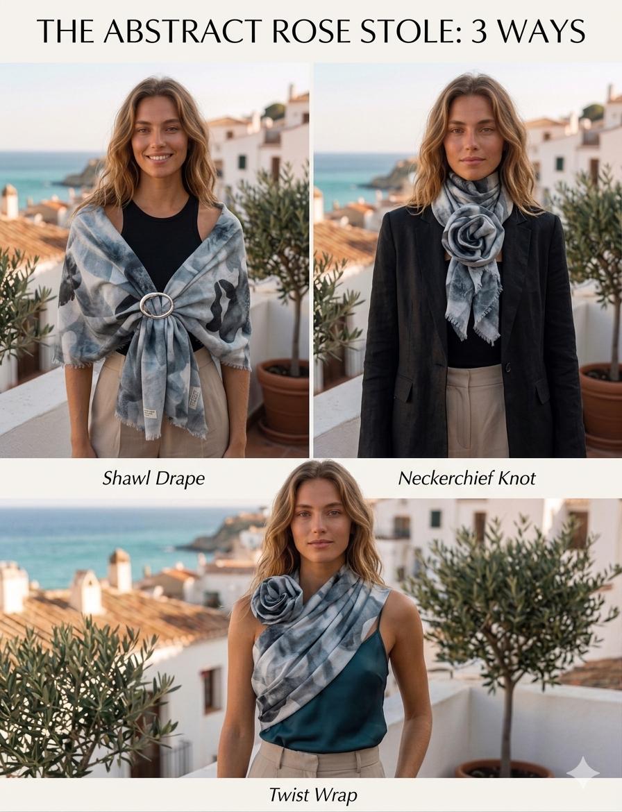 Luxury Monochrome Silk Scarf 70x180 cm | Grey Floral Silk Wrap