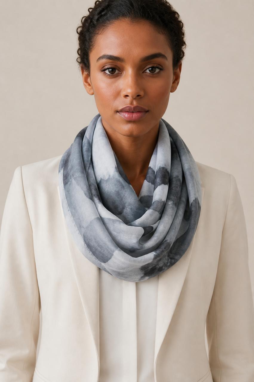Luxury Monochrome Silk Scarf 70x180 cm | Grey Floral Silk Wrap