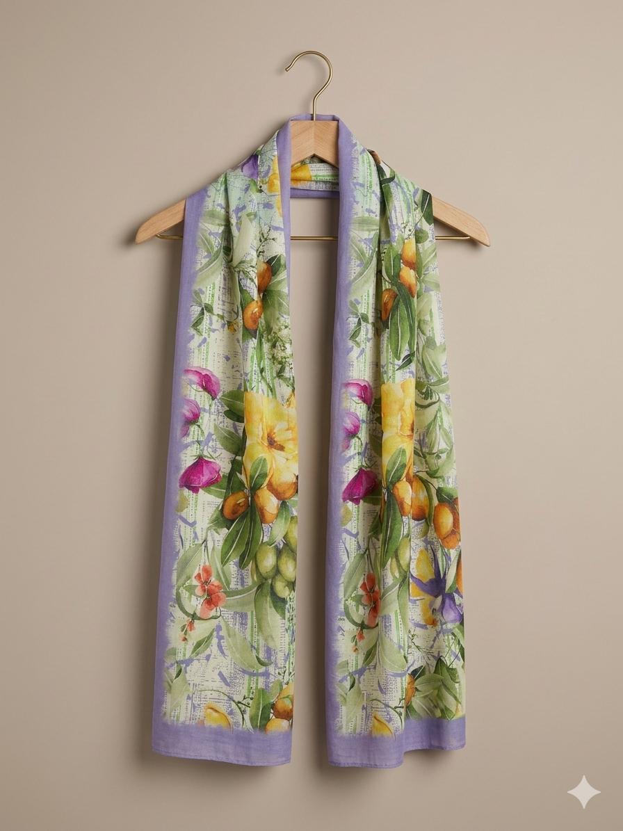 Citrus Blossom Cotton Scarf 100 x 200 cm | Lightweight Botanical Floral Wrap