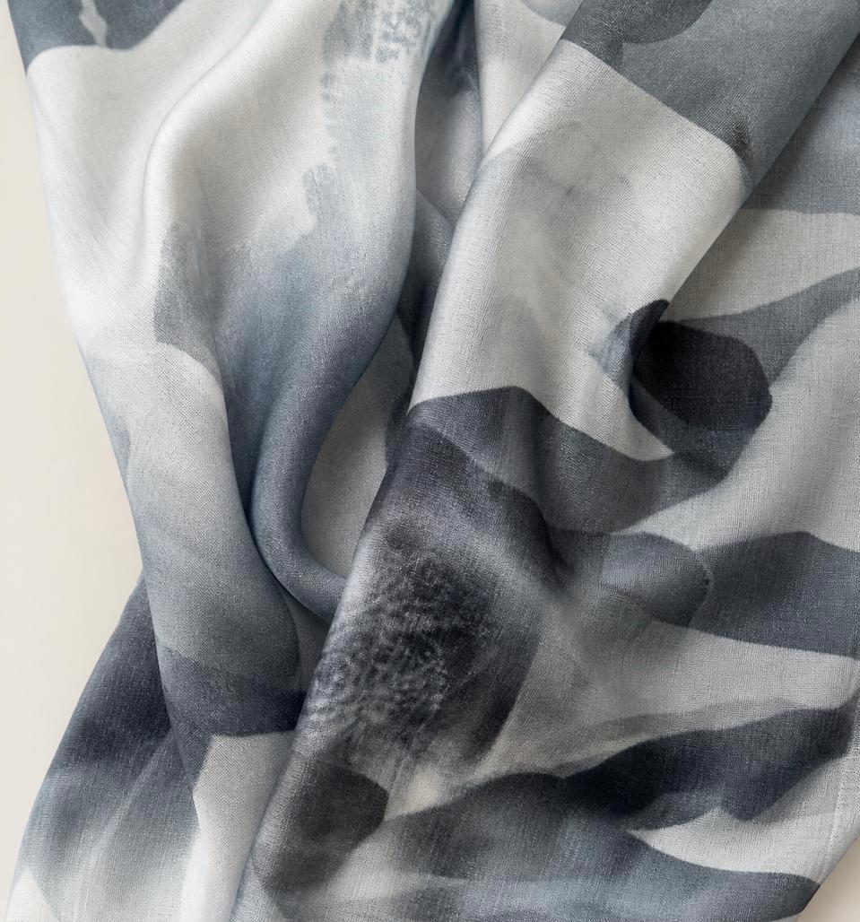 Luxury Monochrome Silk Scarf 70x180 cm | Grey Floral Silk Wrap