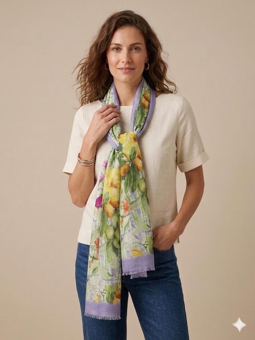 Citrus Blossom Cotton Scarf 100 x 200 cm | Lightweight Botanical Floral Wrap