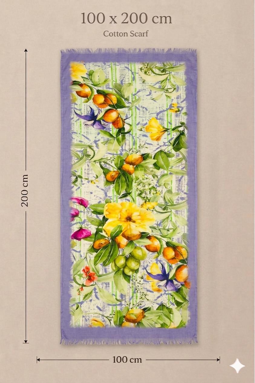 Citrus Blossom Cotton Scarf 100 x 200 cm | Lightweight Botanical Floral Wrap