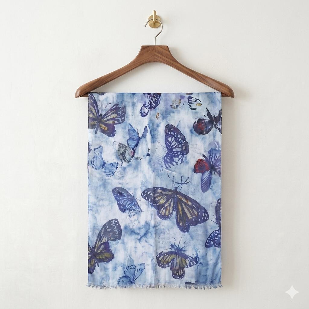 Luxury Butterfly Silk Scarf 70x180 cm | Blue Designer Silk Wrap