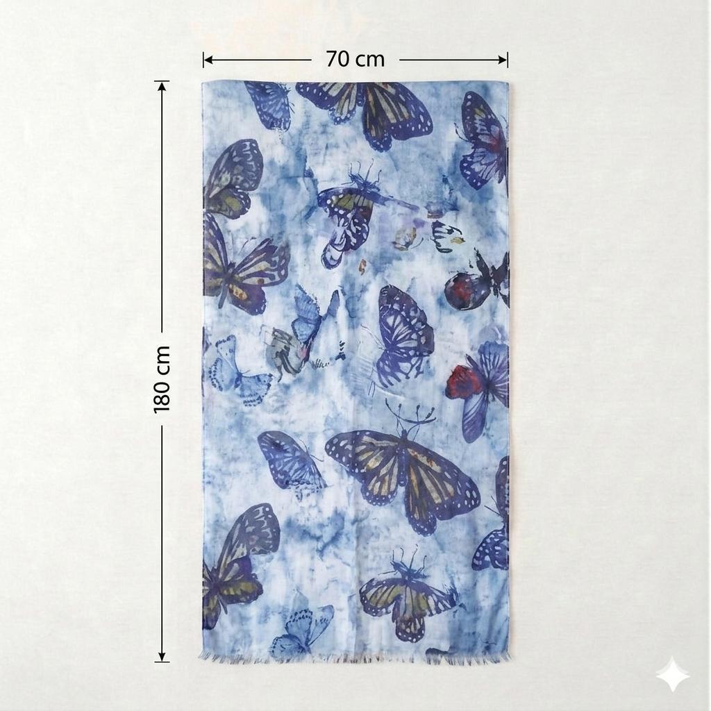 Luxury Butterfly Silk Scarf 70x180 cm | Blue Designer Silk Wrap