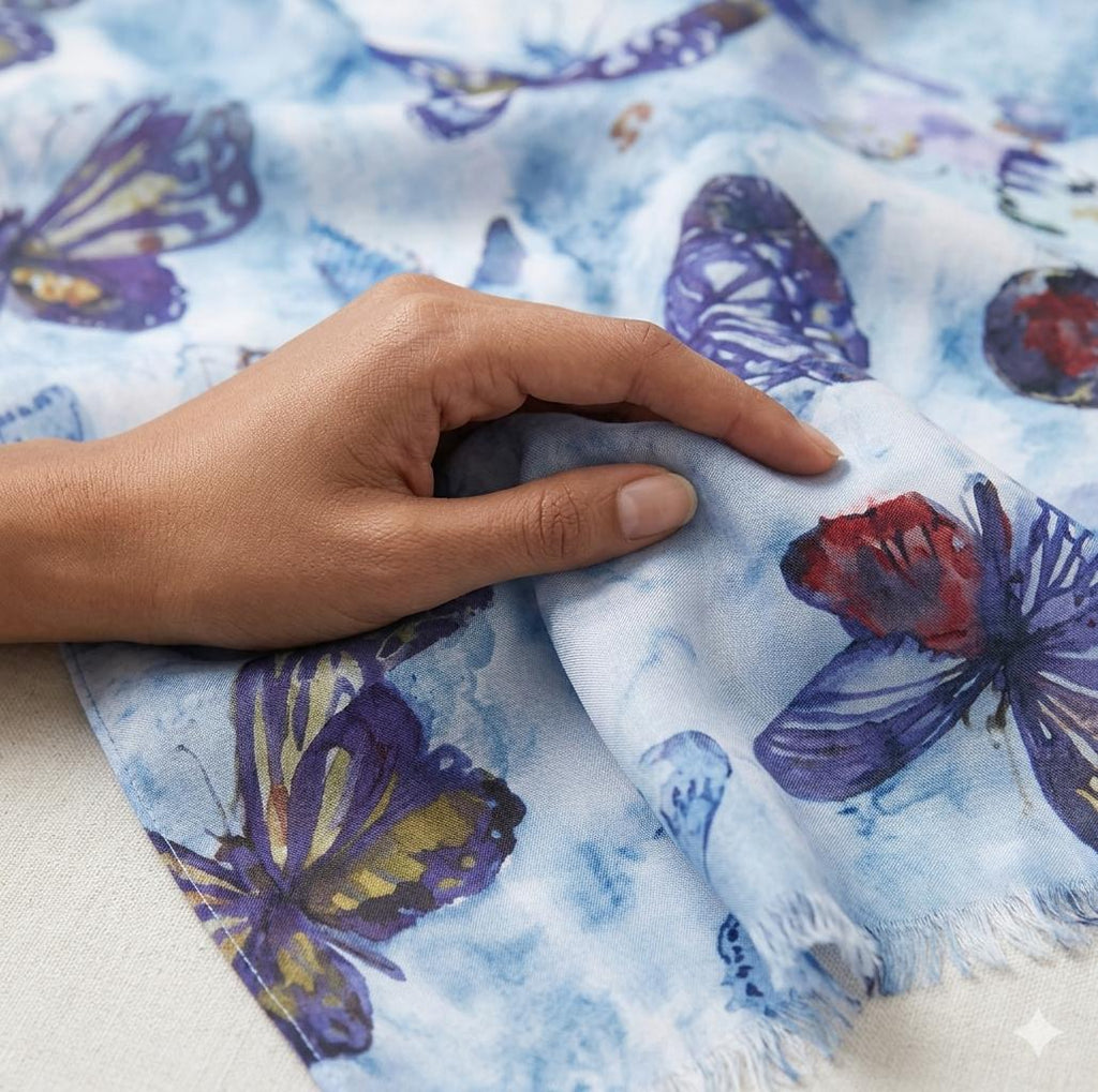 Luxury Butterfly Silk Scarf 70x180 cm | Blue Designer Silk Wrap