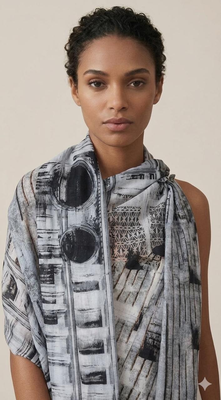 Luxury Architectural Silk Scarf 70x180 cm | Monochrome Designer Wrap
