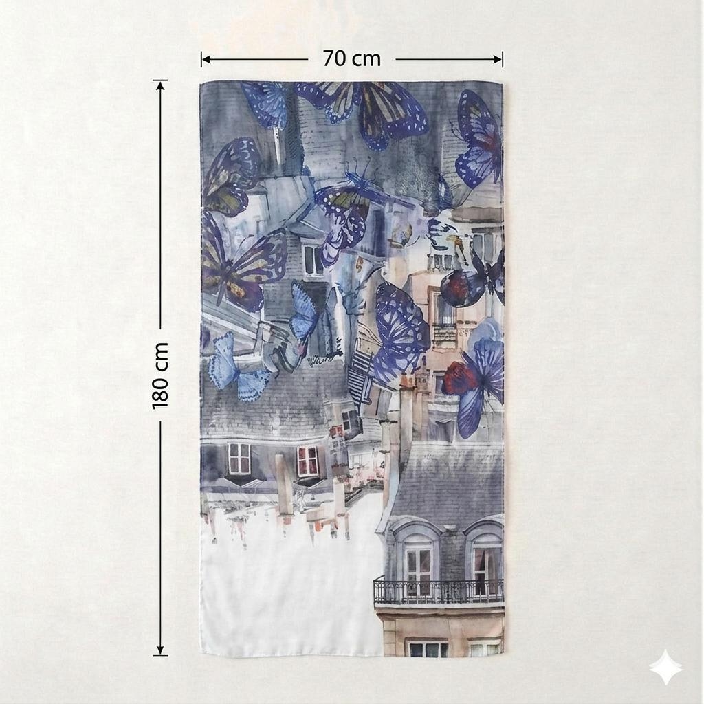 Paris Butterfly Silk Scarf 70x180 cm | Luxury Designer Silk Wrap