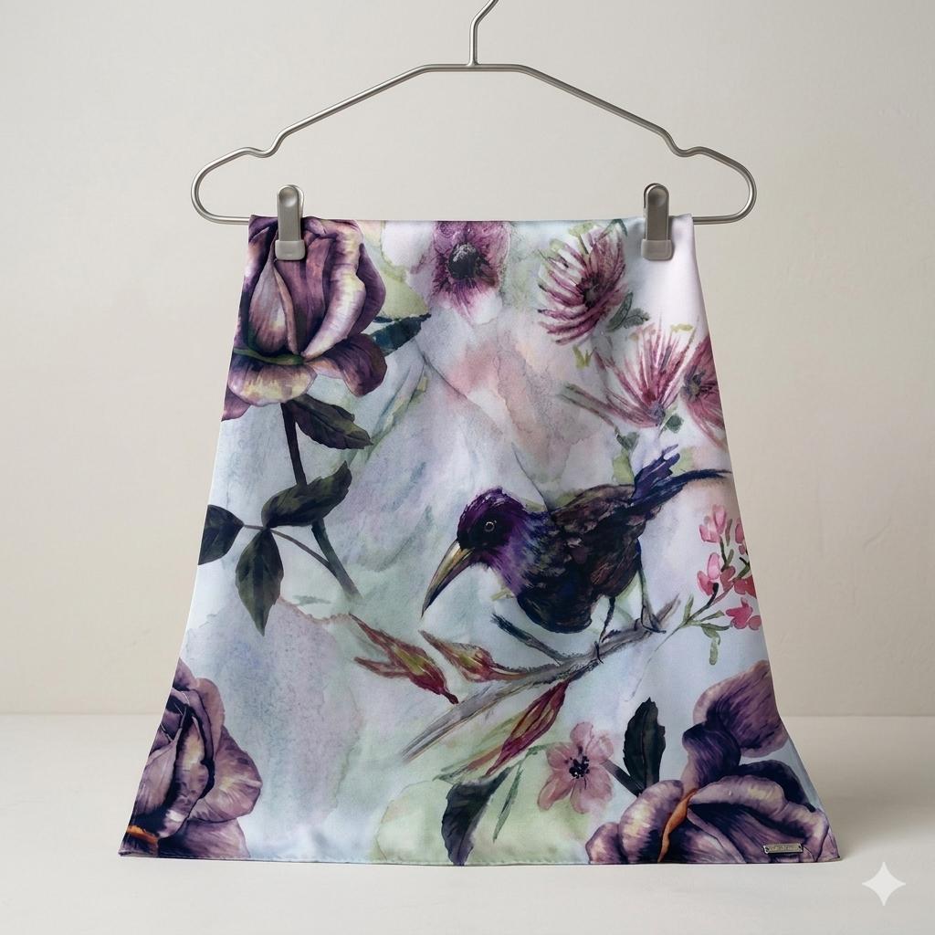 Luxury Floral Bird Silk Scarf 90x90 cm | Vintage Botanical Scarf