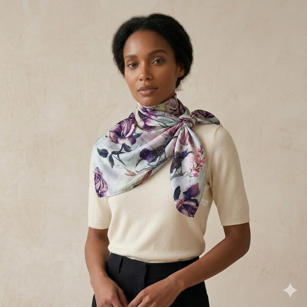 Luxury Floral Bird Silk Scarf 90x90 cm | Vintage Botanical Scarf