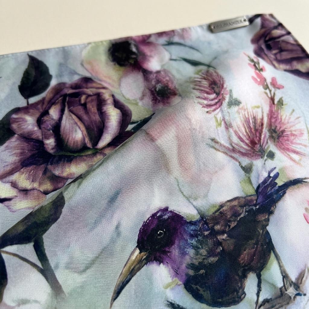 Luxury Floral Bird Silk Scarf 90x90 cm | Vintage Botanical Scarf