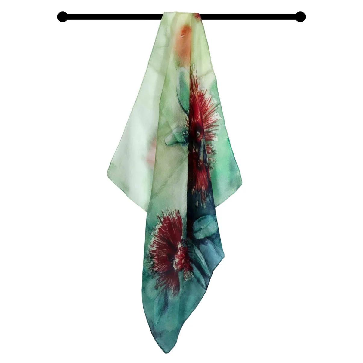 Crimson Floral Silk Scarf 90x90 cm | Luxury Botanical Silk Scarf