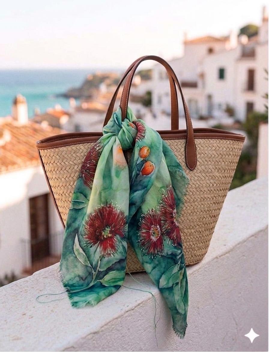 Crimson Floral Silk Scarf 90x90 cm | Luxury Botanical Silk Scarf