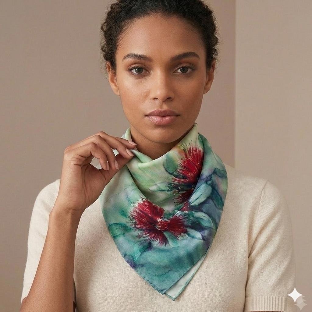 Crimson Floral Silk Scarf 90x90 cm | Luxury Botanical Silk Scarf