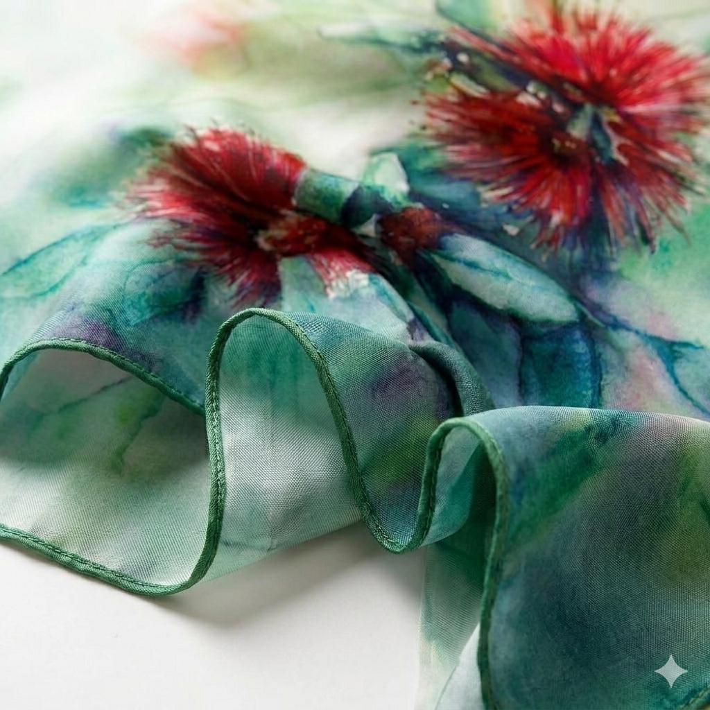 Crimson Floral Silk Scarf 90x90 cm | Luxury Botanical Silk Scarf