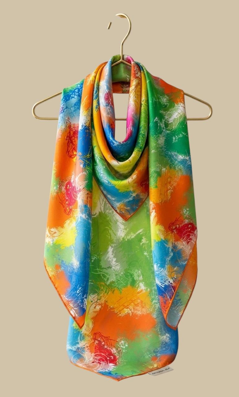 Luxury 90x90 Silk Scarf | Colorful Abstract Square Neck Scarf