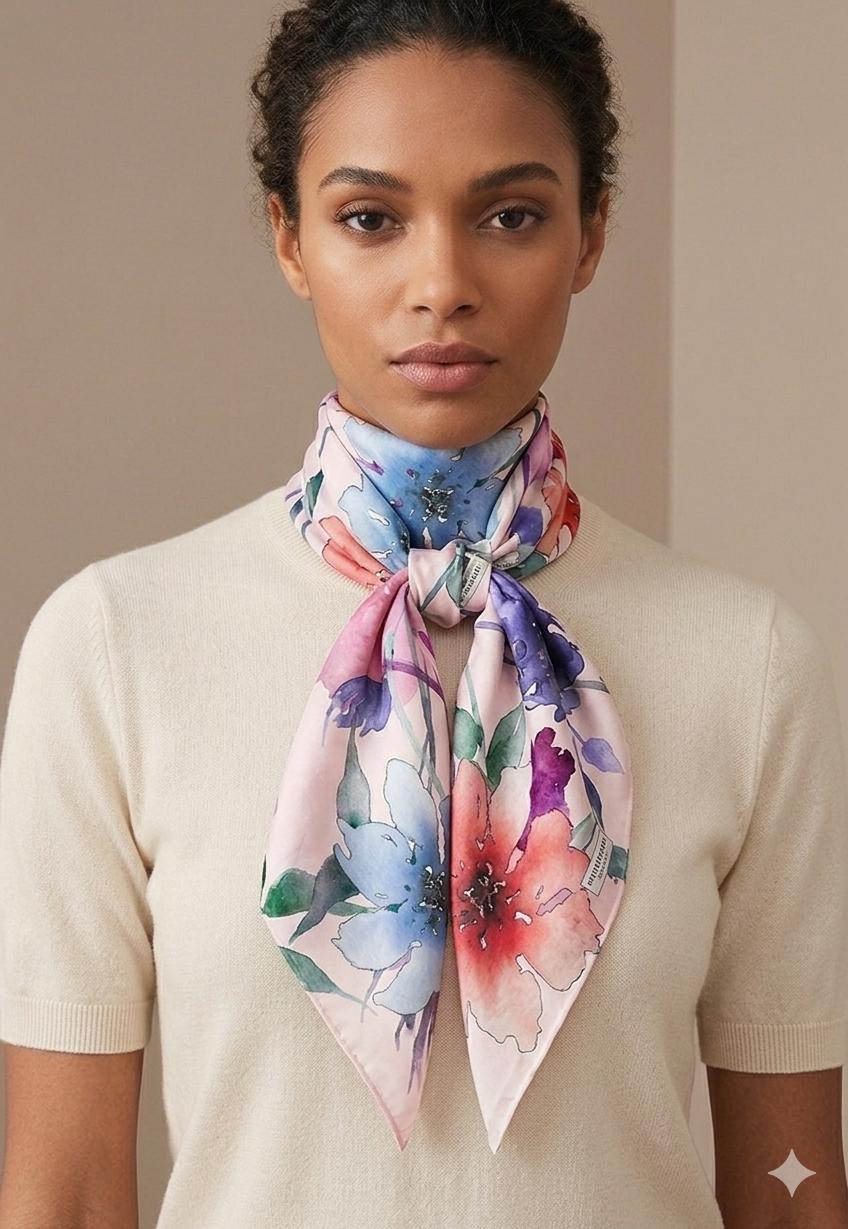 Luxury Floral Silk Scarf 90x90 cm | Women's Square Silk Neck Scarf