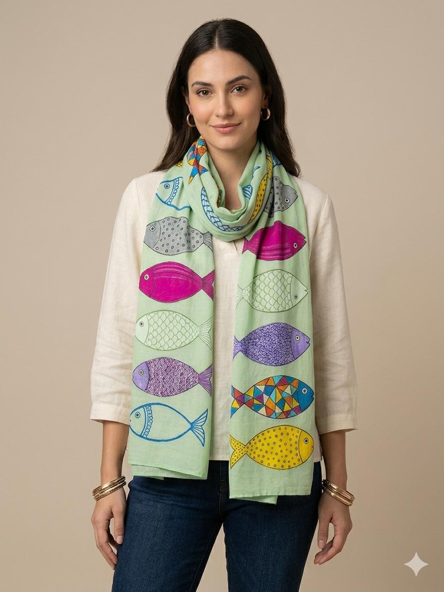 Colorful Fish Print Cotton Scarf 100 x 200 cm | Lightweight Artistic Wrap