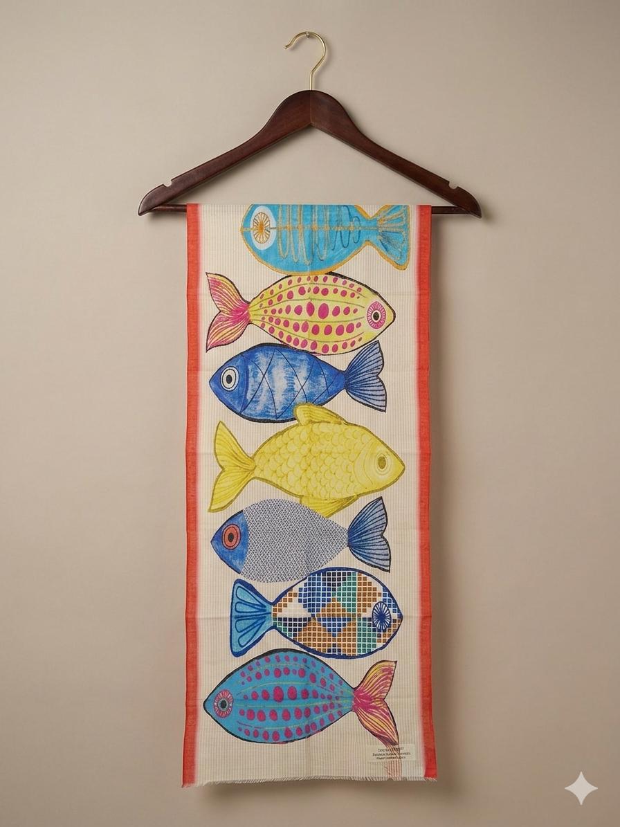 Colorful Fish Print Cotton Scarf 100 x 200 cm | Lightweight Artistic Wrap