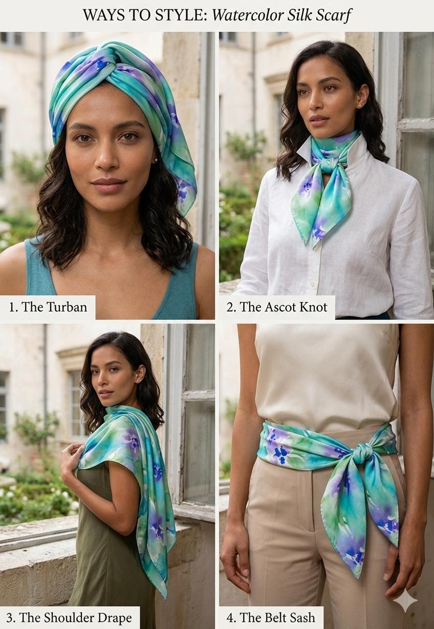 Luxury Aqua Floral Silk Scarf 90x90 cm | Women's Square Silk Scarf
