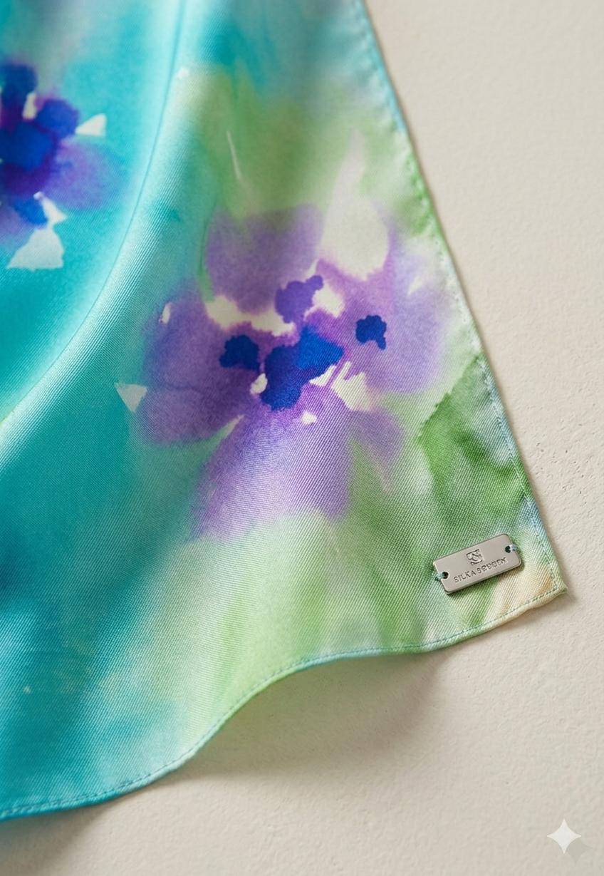 Luxury Aqua Floral Silk Scarf 90x90 cm | Women's Square Silk Scarf