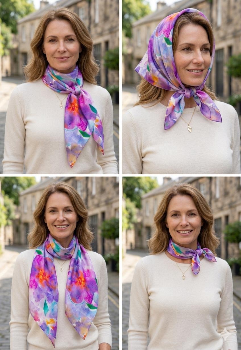 Luxury Pastel Floral Silk Scarf 90x90 cm | Women's Square Silk Scarf