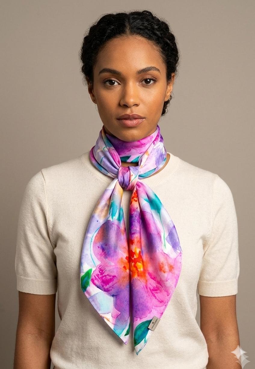 Luxury Pastel Floral Silk Scarf 90x90 cm | Women's Square Silk Scarf