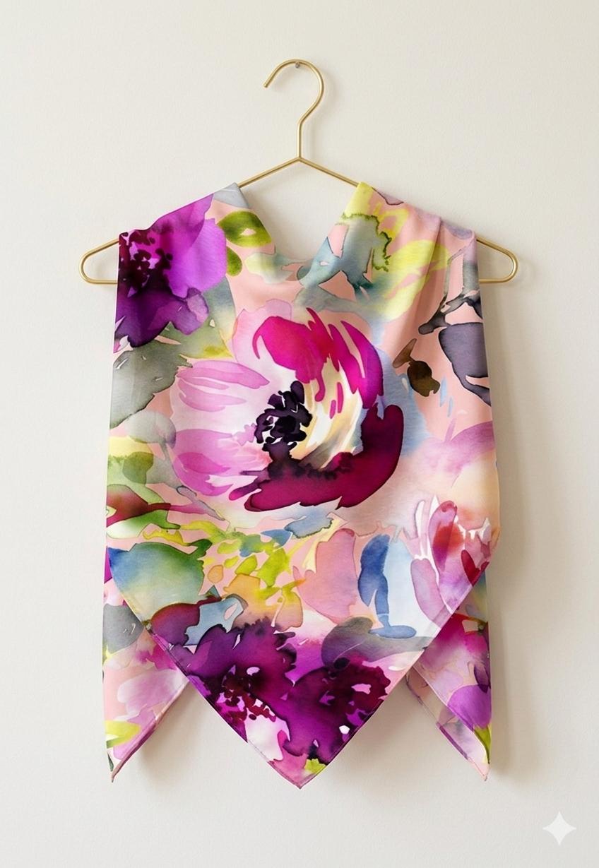 Luxury Peony Silk Scarf 90x90 cm | Pink Purple Floral Square Scarf