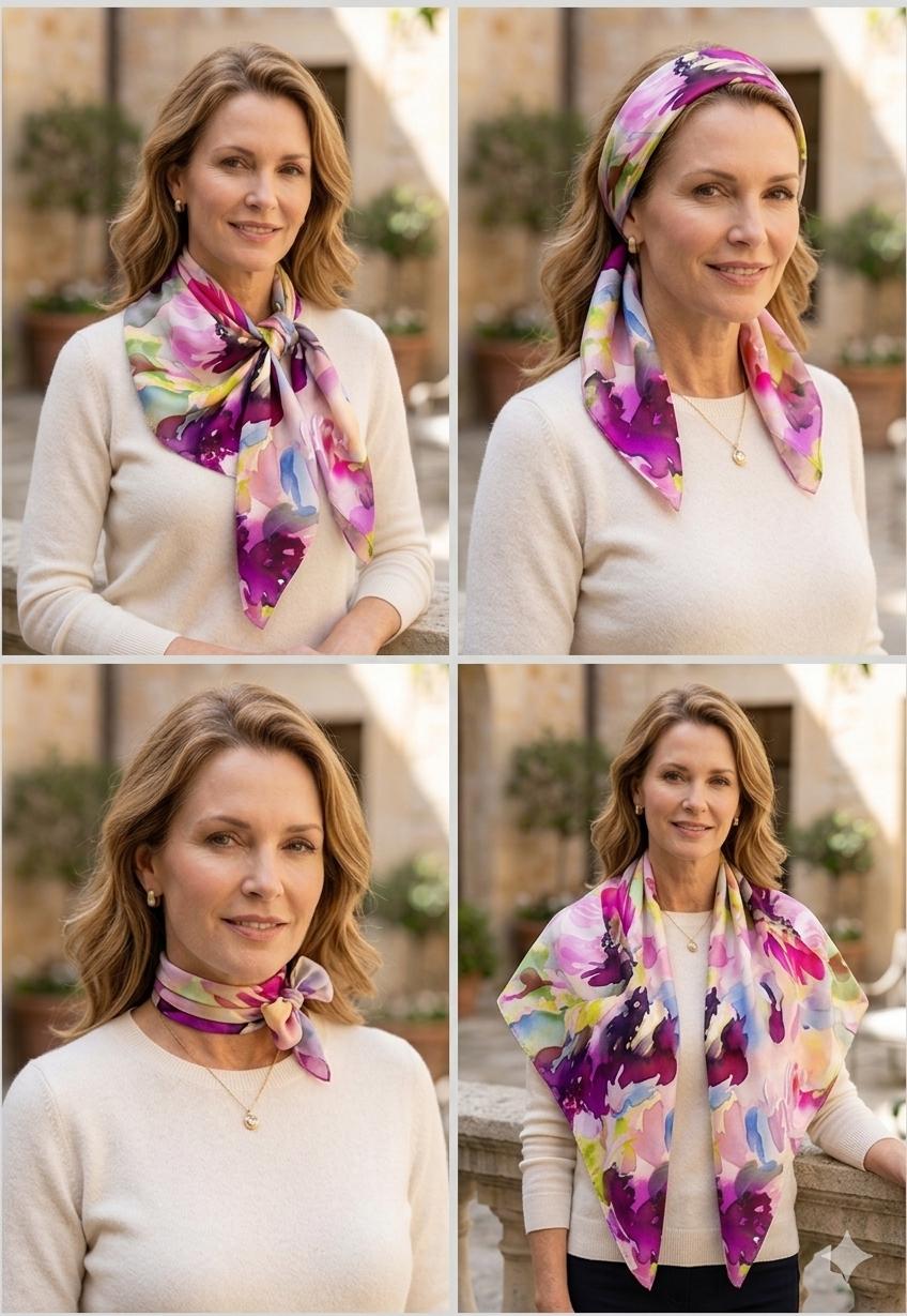 Luxury Peony Silk Scarf 90x90 cm | Pink Purple Floral Square Scarf