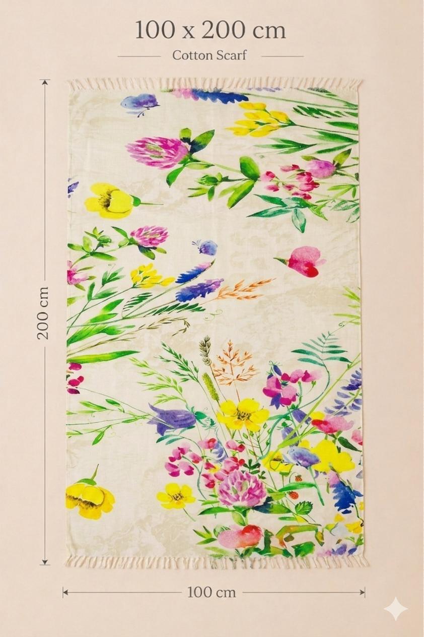Wildflower Garden Cotton Scarf | 100 × 200 cm Botanical Floral Wrap