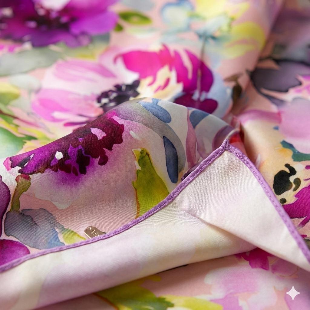 Luxury Peony Silk Scarf 90x90 cm | Pink Purple Floral Square Scarf