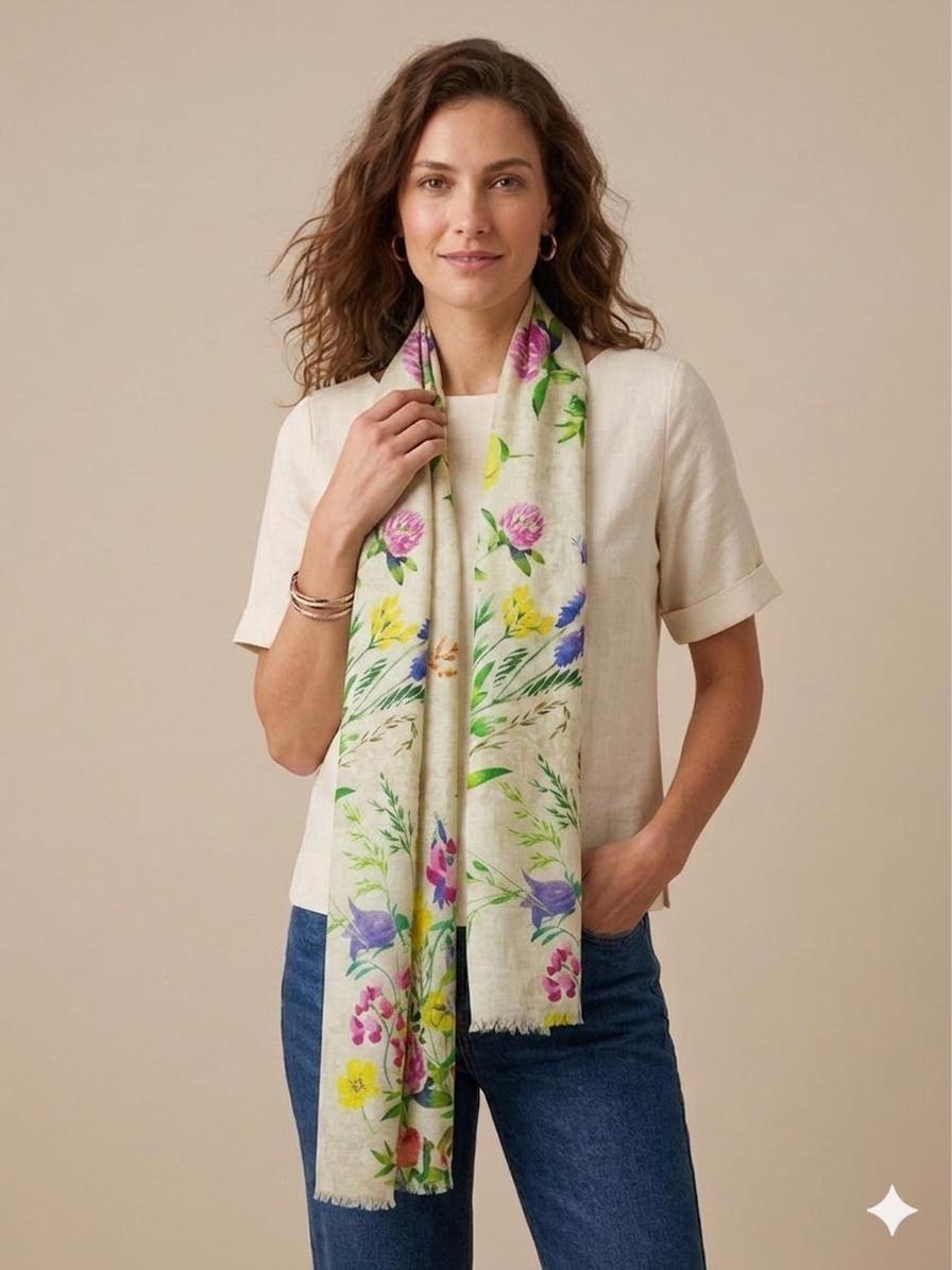 Wildflower Garden Cotton Scarf | 100 × 200 cm Botanical Floral Wrap