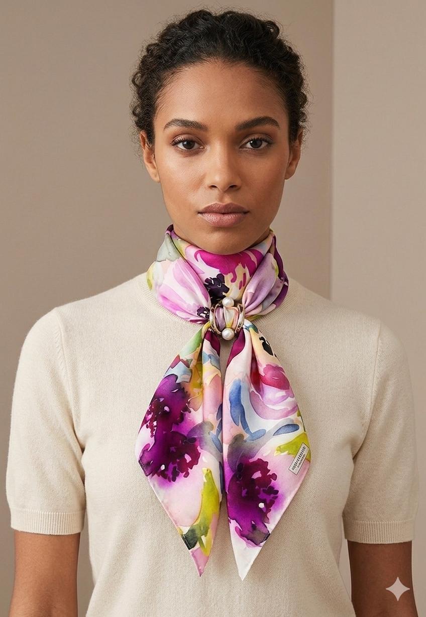 Luxury Peony Silk Scarf 90x90 cm | Pink Purple Floral Square Scarf