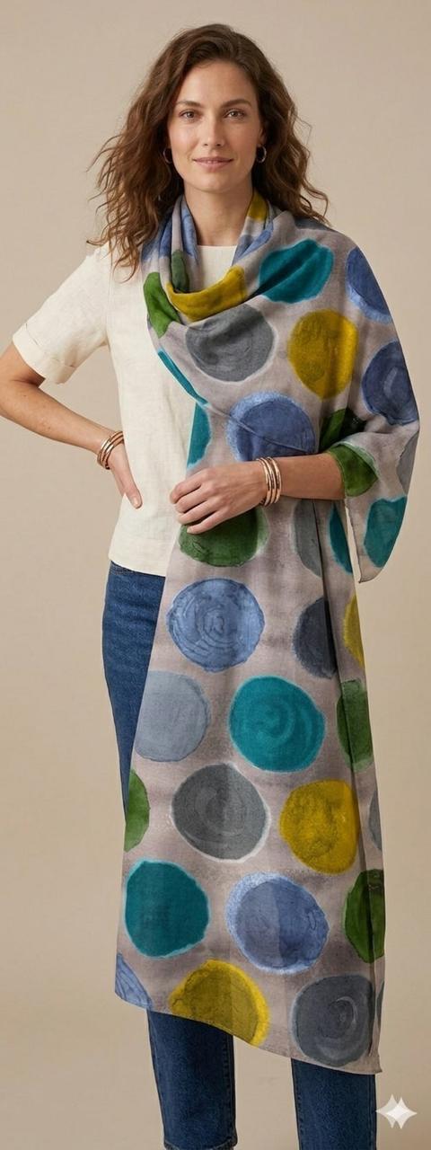 Watercolor Dot Cotton Scarf | Oversized 100 × 200 cm Wrap | Ocean Blue & Berry Plum